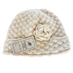 NWT Wild Horse NEPAL Wool Floral Crochet Beenie Women’s OS Cream Thick Lined Hat